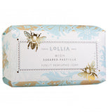 Soap has two bumble bees and blue and gold design.