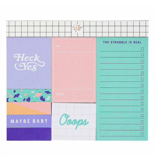 These sticky notes have different phrases covering them. One of the pads is purple with the words, "Heck Yes" in white lettering. Another notepad is white with the word, "Oops" in teal lettering.