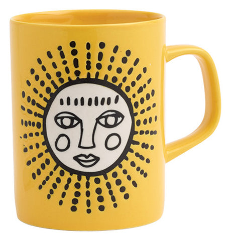 Yellow ceramic mug with a white decorative sun with a face