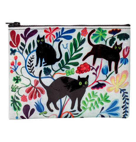 A white zipper pouch covered in various multi-colored plants and black cats