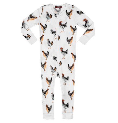 These white baby pajamas feature a design of different colored hens and roosters adorning them.