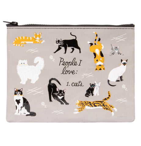 The "People I Love Cats" Zipper Pouch features a message that reads, "People I love: 1. Cats" along with print images of cats over a gray background. 