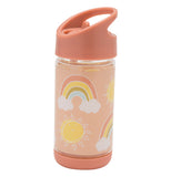 A pink water bottle has rainbows and sunshine in the middle against a pastel pink background. The front of the bottle is angled to the left. The spout is closed.
