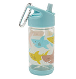 A mostly transparent water bottle has a pastel blue top and bottom. In the middle, there is a design of pastel blue, yellow, and red sharks. The back of the bottle is angled to the left. The spout is up. A steel carabiner hangs off the lid.