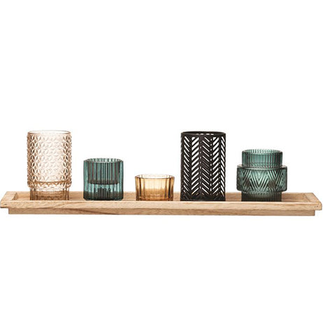 Glass Votive Holders w/ Wood Tray