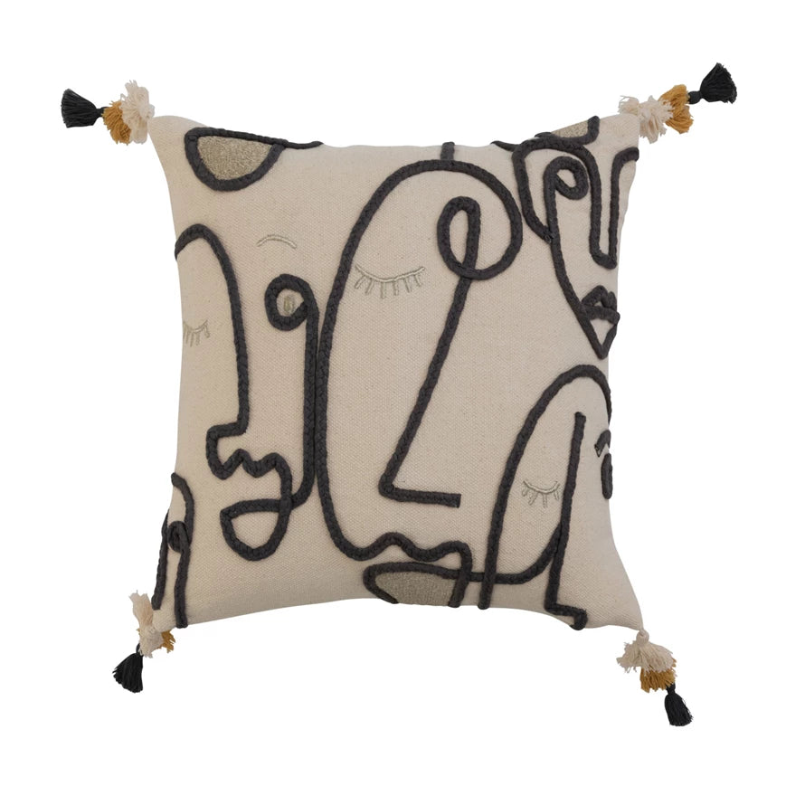 Cotton Embroidered Slub Pillow With Abstract Face
