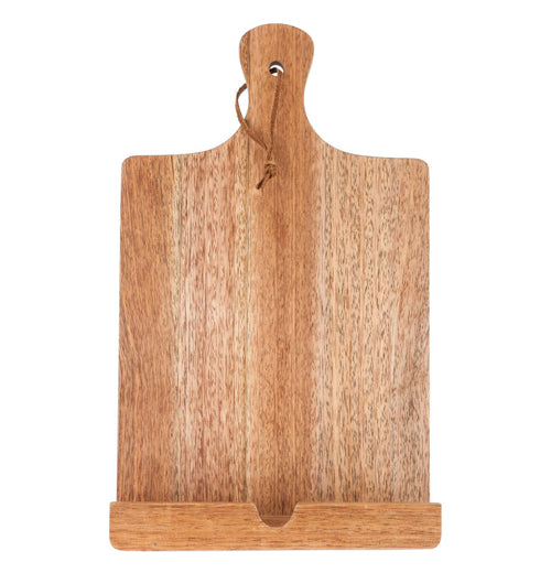 Acacia wooden cooking stand with a leather strap able to hold a tablet or a recipe book.