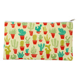 This yellow bag has a variety of light and dark green cacti in different orange pots with a silver metal zipper.