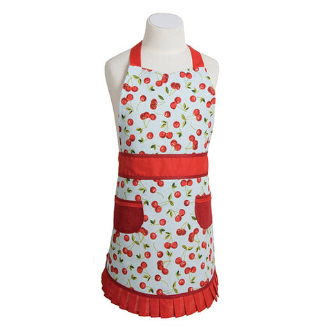 red colored vintage style cherry themed child's apron  