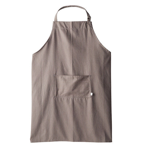 The brown apron has white pinstripes.