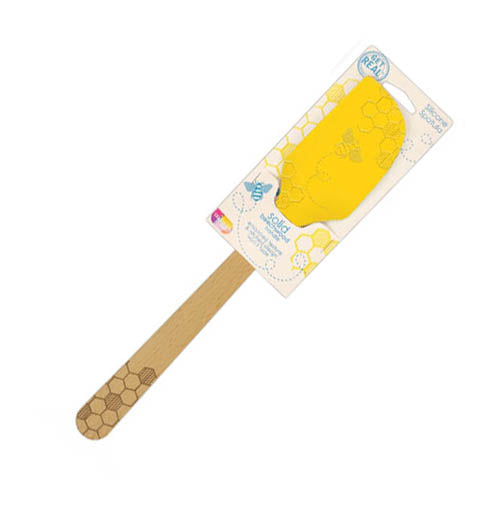 This bee spatula is made of brown beechwood and yellow silicone in it&
