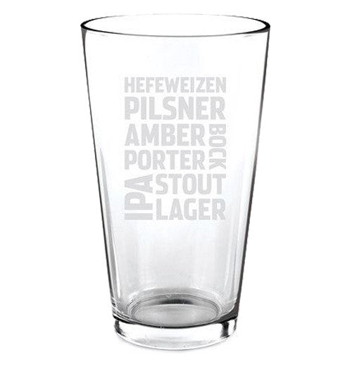 Clear pint glass featuring different beer types in white block text