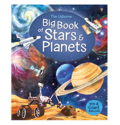 This book features planets, stars, rockets, and spaceships on the cover of the "Big Book of Stars & Planets". The title is displayed in blue and white lettering.