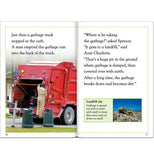 Pages of Earth Smart book talking about a red garbage truck on one page and a landfill on the other.