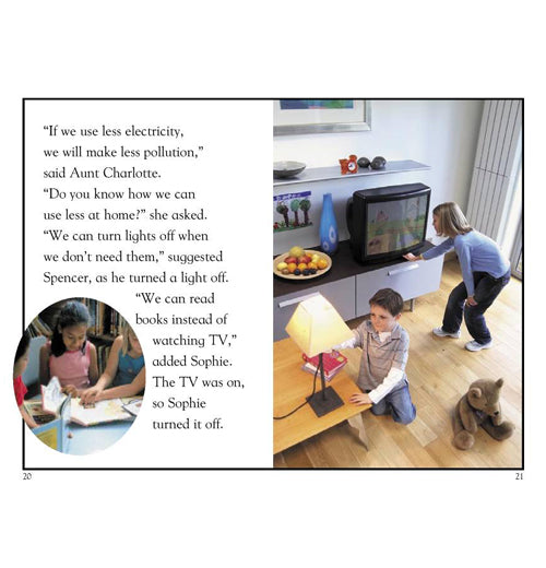 Pages from a book talking about ways kids can save electricity.