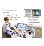 Pages from a book showing a boy sorting out recycle items into organized boxes.