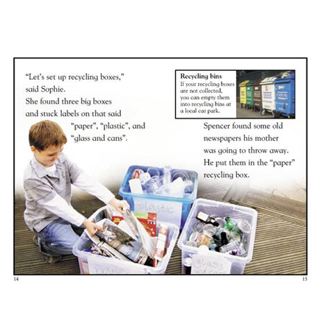 Pages from a book showing a boy sorting out recycle items into organized boxes.