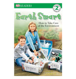 Front cover of Earth Smart book featuring a girl and boy sorting out recycling materials into plastic boxes. 