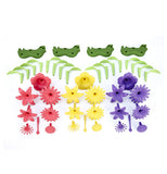 The green plastic bases for the fake bouquets are shown, along with their green leaves, and their pink, yellow, and purple flowers.