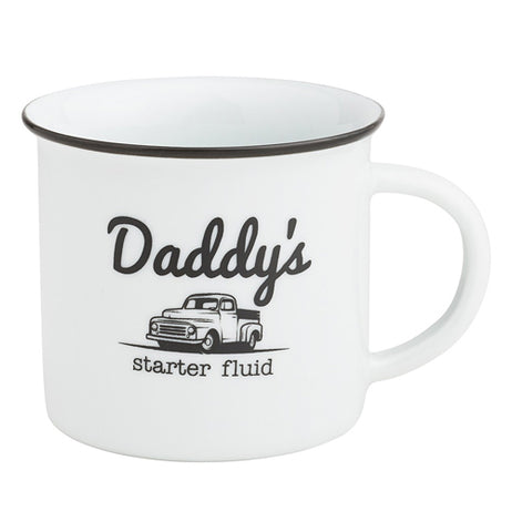 Porcelain coffee mug with " Daddy's Starter fluid" written on it with an old classic truck pictured on the front.