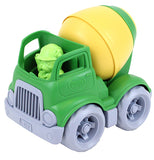 A Green cement toy truck that comes with a bulldog construction worker.