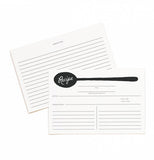 The front of the card has a black spoon logo with the text recipe and spaces for ingredients and notes. The back of the card has ruled lines for more notes to be written.