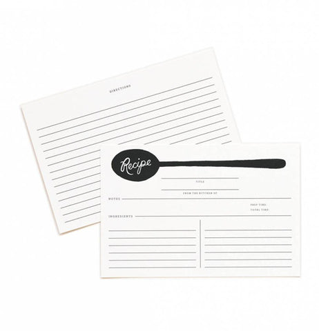 The front of the card has a black spoon logo with the text recipe and spaces for ingredients and notes. The back of the card has ruled lines for more notes to be written.