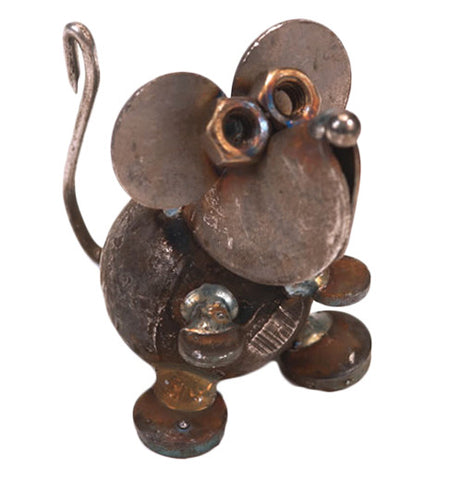 This welded figurine made from recycled metals is of a mouse with large ears, a small nose, and an S-shaped tail.