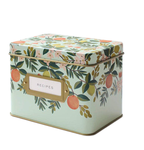 Recipe Box "Citrus Floral" decorated with a painting of oranges and flowers with a golden-colored tin interior.