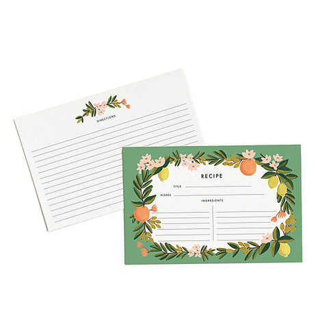 Front and back of recipe cards shown. Decorated in a Orange, white and green floral design.