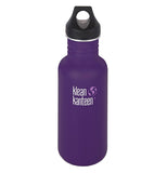 This dark purple steel water bottle comes with a black silicone loop lid and its white lettered logo, "Klean Kanteen" in the center.