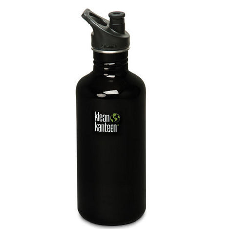 This black 40 oz stainless steel water bottle has a black water bottle lid. Its logo, "Klean Kanteen" is shown in its middle.