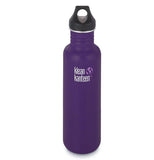 This purple stainless steel water bottle comes with a black lid and its logo, "Klean Kanteen" in white lettering in the center.