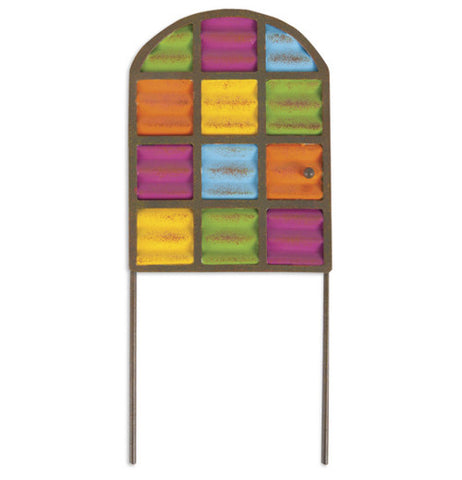 This is a gypsy garden colored panel door. There are blue, green, orange, purple and yellow panels.