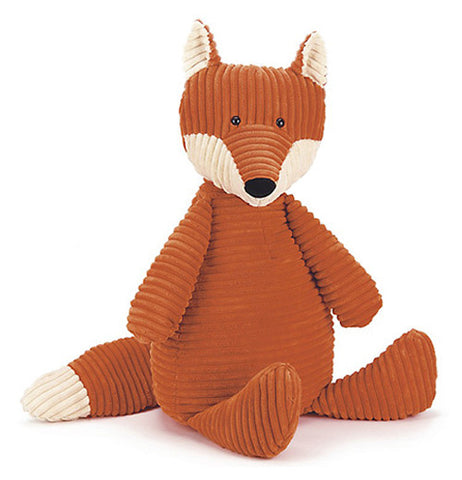 This is a corded orange and white fox toy.