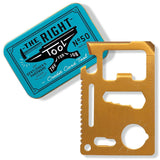 Gold colored stainless steel credit card tool overlapping a blue tin box that says "The Right Tool" on a white background.