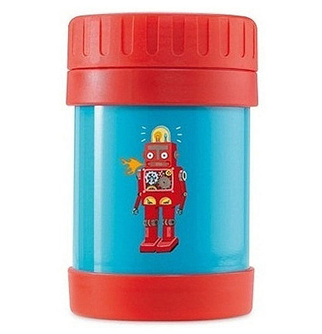 This Insulated food jar has a red lid and bottom with a blue background of a red robot. 