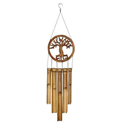 Tree of Life bamboo wind chimes has a hand carved tree design inside a circle with 5 wood wind tubes hanging down.