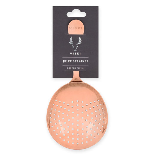 The copper drink strainer is shown in its black cardboard packaging.