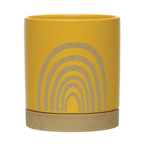 Yellow Stoneware Planter with Rainbow Design
