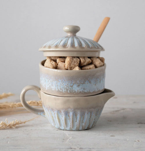 Creamer &amp; Sugar With Wood Spoon