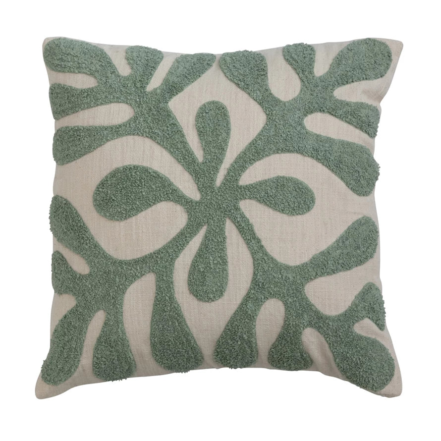 Cotton Slub Pillow With Green Coral Embroidery