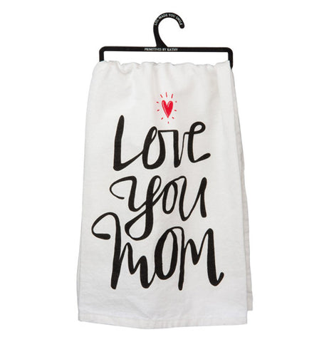 Dish towel with black text on it "Love you mom" it has a red heart.