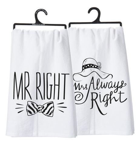 Double-sided white cotton dish towel hanging from a black hanger with "Mr. Right" on one side with a bow tie and "Mrs. Always Right" with sun hat on the other side over a white background.