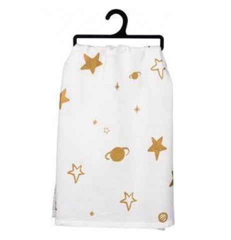 White dish towel, showing gold stars on back.