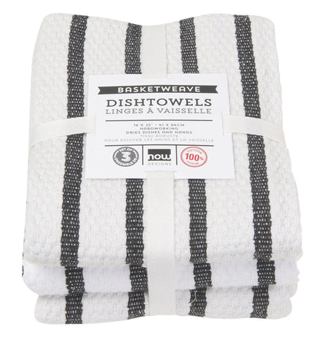 Set of 3 tea towels are white with black stripes and held together with a string.
