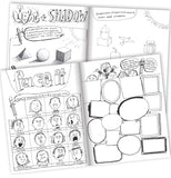 Two pairs of page illustrations are shown with the top pair showing how to add shade to a drawn object. The bottom pages show different human face designs and differently shaped frames.