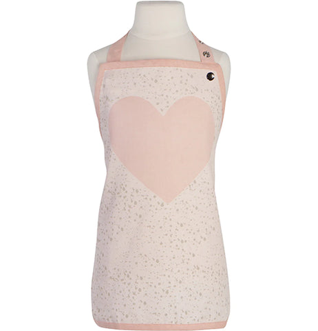 A pale pastel pink apron with a sparkly heart design.
