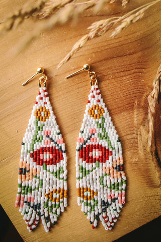 Beaded Handwoven Wildflower Fringe Earrings (White)