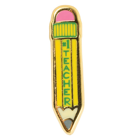 Yellow enamel pencil pin with #1 Teacher written on it in the shape of a pencil.